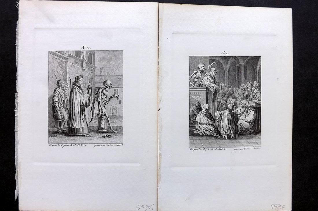 Holbein & Mechel C1870 Pair of Dance of Death Prints: Steel Engraving Published C1870, Stuttgart for "Der Todtentanz von Hans Holbein" Engraved by Christian von Mechel from the original designs by Hans Holbein. First Published in Basel, 1780. On heavy pa