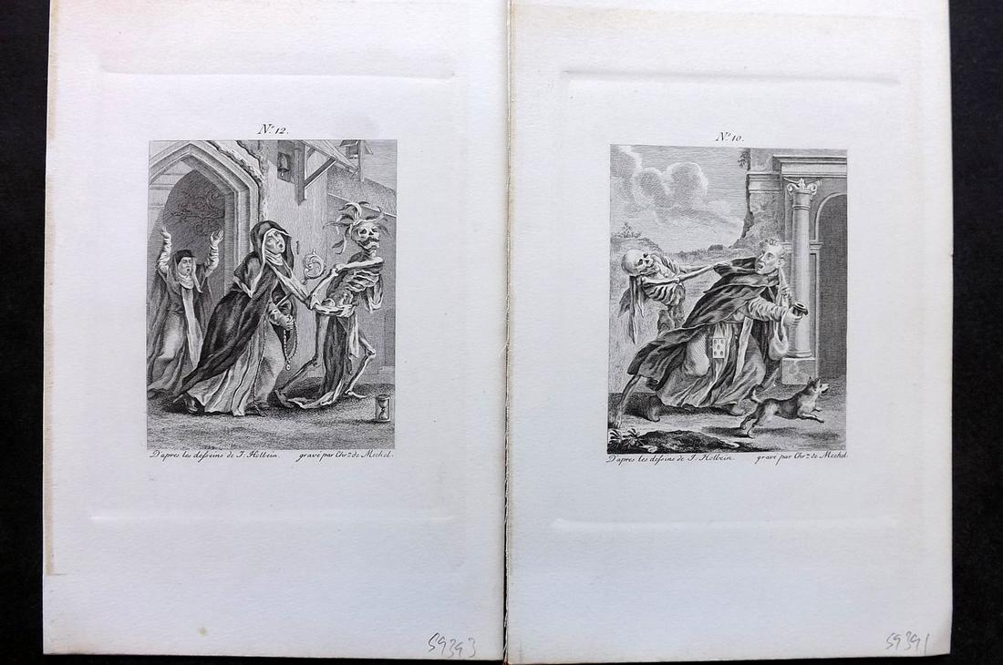 Holbein & Mechel C1870 Pair of Dance of Death Prints: Steel Engraving Published C1870, Stuttgart for "Der Todtentanz von Hans Holbein" Engraved by Christian von Mechel from the original designs by Hans Holbein. First Published in Basel, 1780. On heavy pa