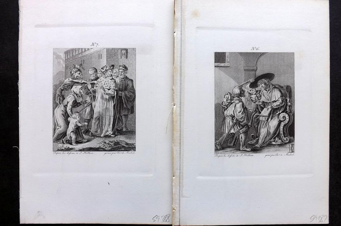 Holbein & Mechel C1870 Pair of Dance of Death Prints: Steel Engraving Published C1870, Stuttgart for "Der Todtentanz von Hans Holbein" Engraved by Christian von Mechel from the original designs by Hans Holbein. First Published in Basel, 1780. On heavy pa