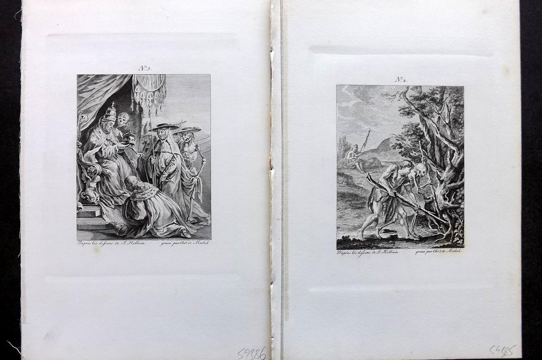 Holbein & Mechel C1870 Pair of Dance of Death Prints: Steel Engraving Published C1870, Stuttgart for "Der Todtentanz von Hans Holbein" Engraved by Christian von Mechel from the original designs by Hans Holbein. First Published in Basel, 1780. On heavy pa