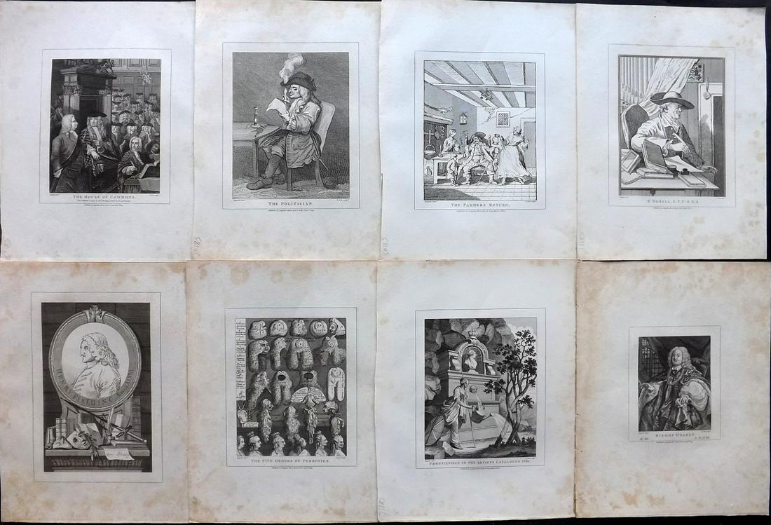Hogarth, William 1810 Lot of 8 Copper Plates Satire etc: Copper Plates Published 1808-10, London for "The Genuine Works of William Hogarth" by John Nichols. Paper Size: 11 x 8.5 inch (28 x 22cm) Some margin toning present, images generally fine