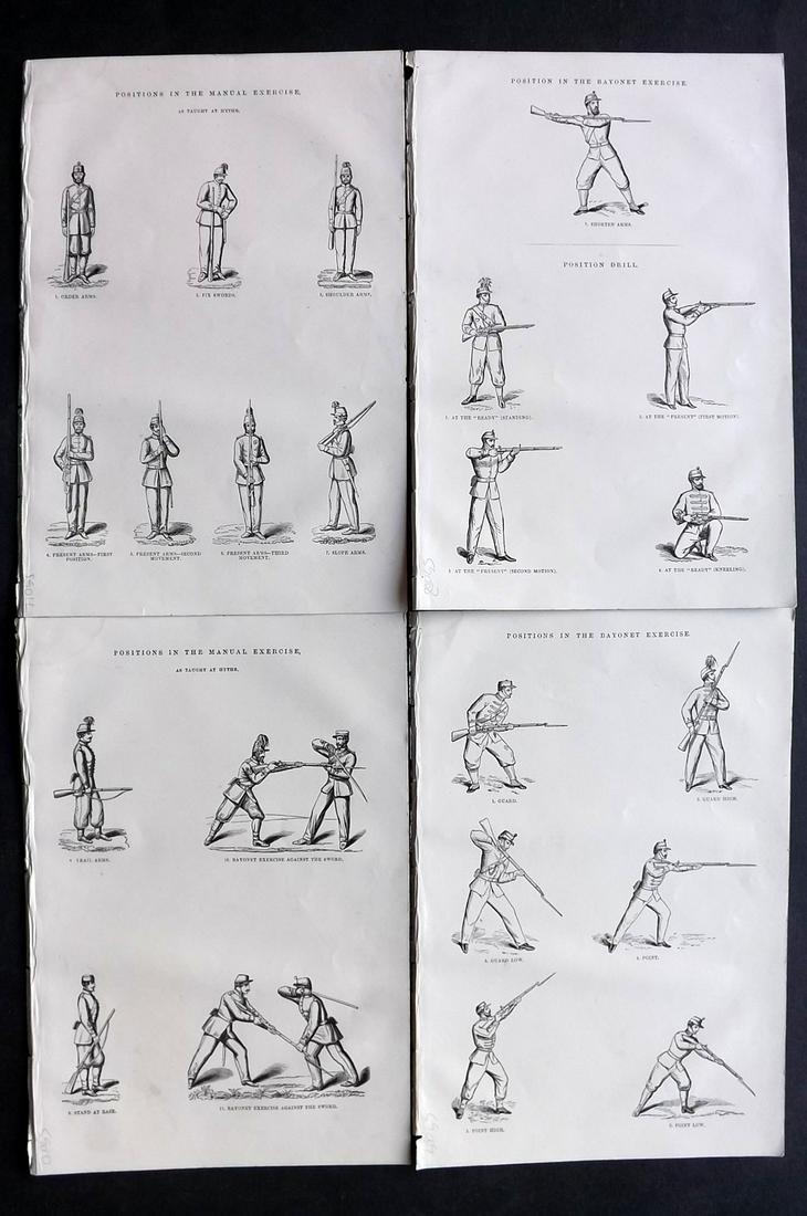 Williams, Lieut 1857 Lot 4 Military. Bayonet Excercises: Woodblocks Published 1857, London for "England's Battles by Sea and Land..." by Lieut-Colonel Williams. Paper Size: 10.5 x 7 inch (27 x 18cm) Tiny water stain in margin. Good Condition