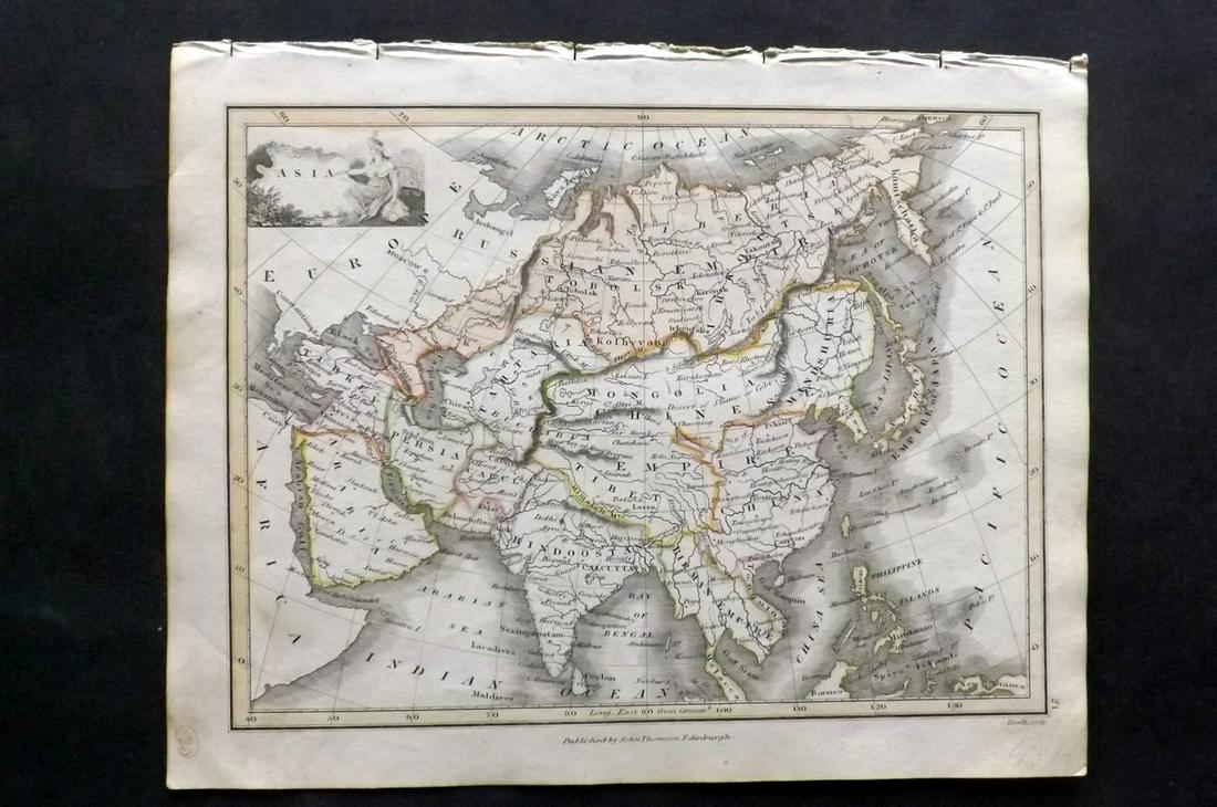Thomson, John (Pub) 1825 Hand Col Map of Asia: Copper Engraved Map Published 1825 by John Thomson, Edinburgh for "The Edinburgh School Atlas" by N. R. Hewitt. Maps Engraved by Hewitt. Engraved Vignette in corner. Original Outline Hand Colour. Rare