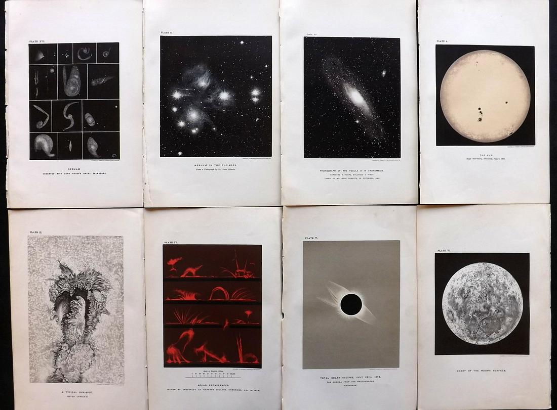 Ball, Robert 1905 Lot of 8 Astronomy Prints. Celestial: Lithographs Published 1905, London for "The Story of the Heavens" by Sir Robert Stawell Ball. Paper Size: 9 x 6 inch (23 x 15cm) Good condition