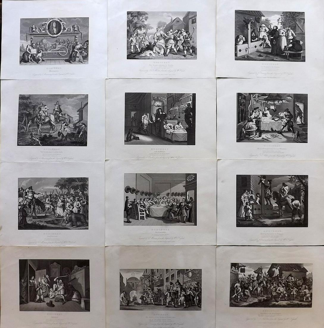 Hogarth, William 1833 Set of 12 Prints. Hudibras: Steel Engravings Published 1833, London for "The Complete Works of William Hogarth" by The Rev. John Trusler. Paper Size: 10.5 x 8 inch (27 x 20cm) Good Condition