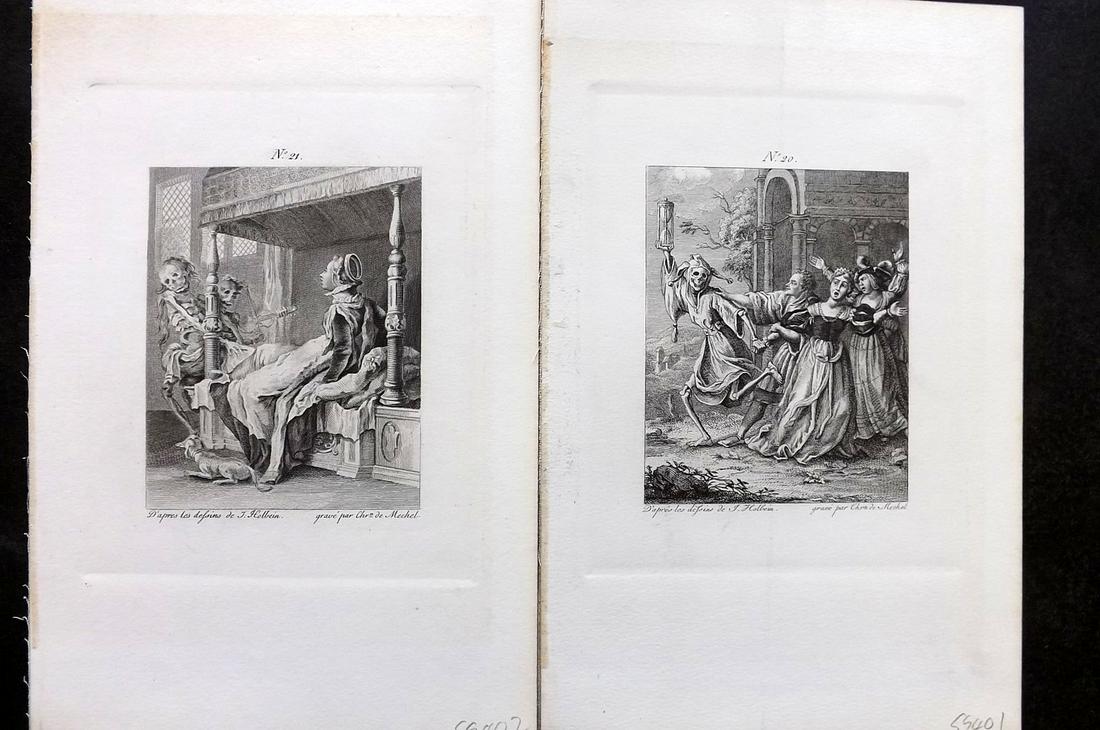 Holbein & Mechel C1870 Pair of Dance of Death Prints: Steel Engraving Published C1870, Stuttgart for "Der Todtentanz von Hans Holbein" Engraved by Christian von Mechel from the original designs by Hans Holbein. First Published in Basel, 1780. On heavy pa