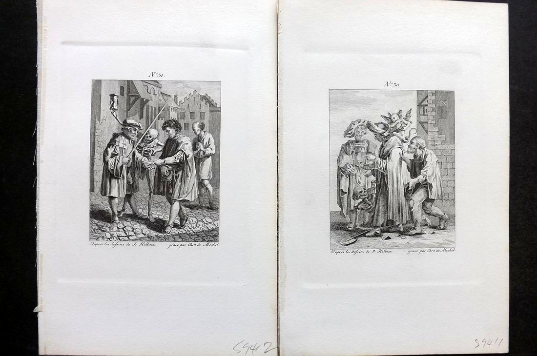 Holbein & Mechel C1870 Pair of Dance of Death Prints: Steel Engraving Published C1870, Stuttgart for "Der Todtentanz von Hans Holbein" Engraved by Christian von Mechel from the original designs by Hans Holbein. First Published in Basel, 1780. On heavy pa