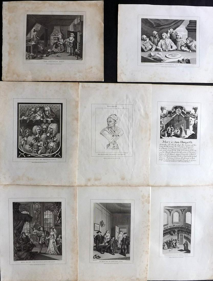 Hogarth, William 1810 Lot of 8 Copper Plates Satire etc: Copper Plates Published 1808-10, London for "The Genuine Works of William Hogarth" by John Nichols. Paper Size: 11 x 8.5 inch (28 x 22cm) Some margin toning present, images generally fine