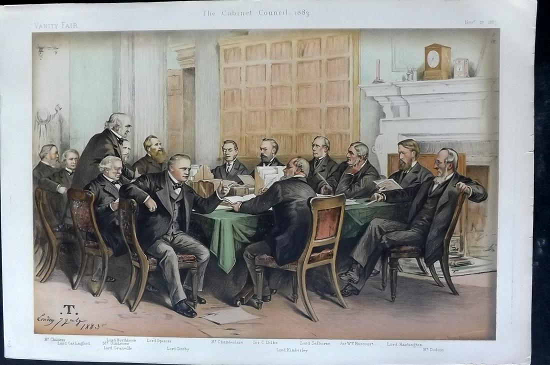 Vanity Fair Print 1883 The Cabinet Council, Group: Chromolithograph Published 1869-1914, London for "Vanity Fair" Paper Size: 15 x 10 inch (38 x 25cm) Approx. Good Condition