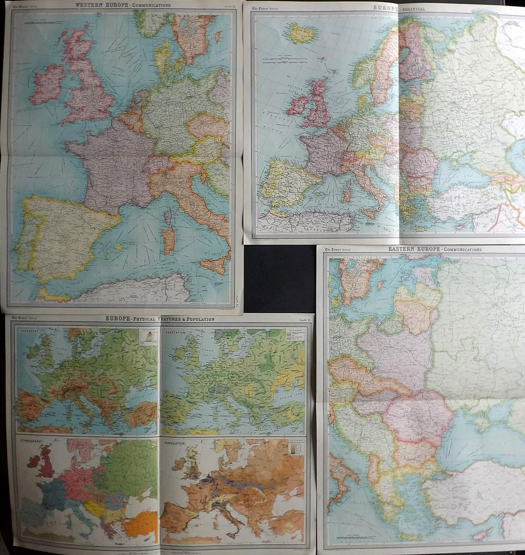 Bartholomew, John 1922 Lot of 4 LG Maps of Europe: Large Lithograph Maps Published 1922 by The Times, London for "The Times Survey Atlas of the World" Maps by John George Bartholomew of the Edinburgh Geographical Institute. Centre fold as issued. Pape