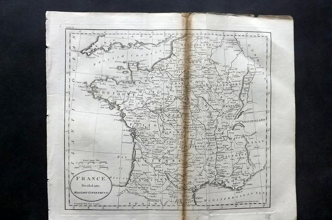 Guthrie, William 1806 Map. France divided into Mil. Gov: Copper Engraved Map Published 1806, London for "A New Geographical, Historical and Commercial Grammar..." by William Guthrie. The maps are by John Senex, Thomas Kitchin and others. Folds as issued. Pa
