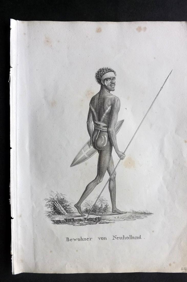Schinz & Brodtmann 1827 Folio Print Australia Aborigine: Folio Lithograph Published Zurich 1827 for "Naturhistorische Abbildungen der Saeugethiere" by Heinrich Rudolph Schinz. Lithographed by Karl Joseph Brodtmann. Paper Size: 13 x 9.5 inch (33 x 24cm) Some