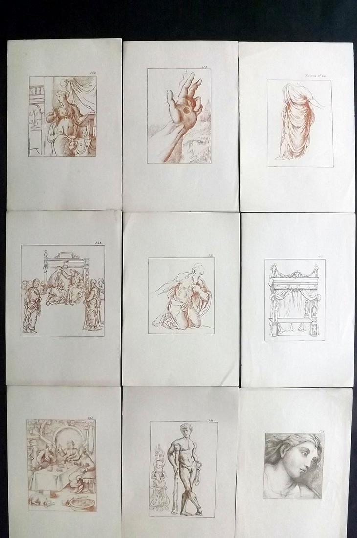 After Raphael 1894 Lot of 9 Lithograph Drawings: Lithographs Published 1894, Oxford for "Lithographic Reproductions on a small scale of the Drawings by Raffaelle" by Joseph Fisher. Paper Size: 7.5 x 5 inch (18.5 x 13cm) Good Condition