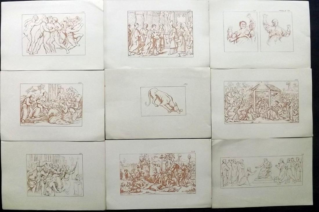 After Raphael 1894 Lot of 9 Lithograph Drawings: Lithographs Published 1894, Oxford for "Lithographic Reproductions on a small scale of the Drawings by Raffaelle" by Joseph Fisher. Paper Size: 7.5 x 5 inch (18.5 x 13cm) Good Condition