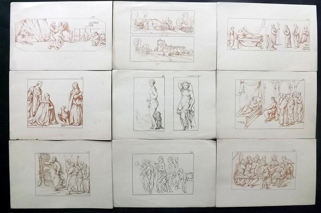 After Raphael 1894 Lot of 9 Lithograph Drawings: Lithographs Published 1894, Oxford for "Lithographic Reproductions on a small scale of the Drawings by Raffaelle" by Joseph Fisher. Paper Size: 7.5 x 5 inch (18.5 x 13cm) Good Condition