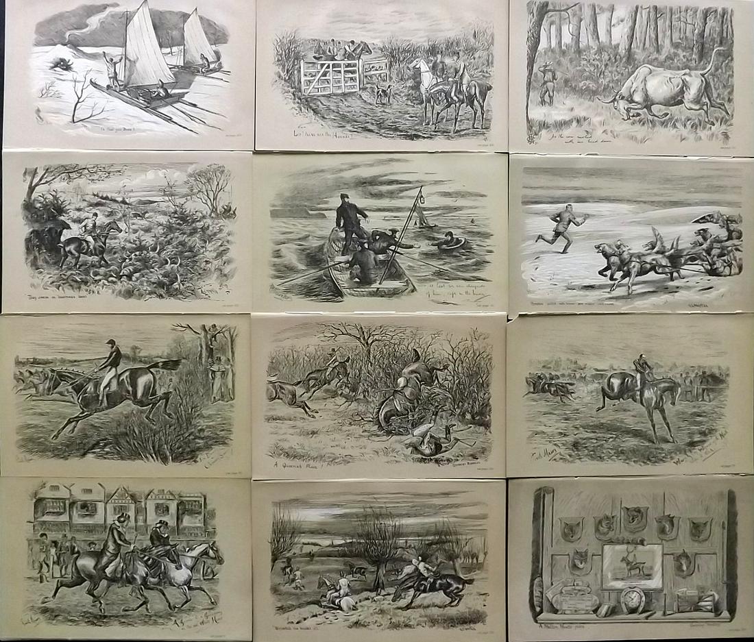 Fores C1890 Lot of 12 Antique Sporting Prints: Lithographs Published 1884-1912, London for "Fores's Sporting Notes & Sketches" Illustrated by Finch Mason, R. M. Alexander, Cuthbert Bradley and others. Paper Size: 8.5 x 5.5 inch (22 x 14cm) Good Co
