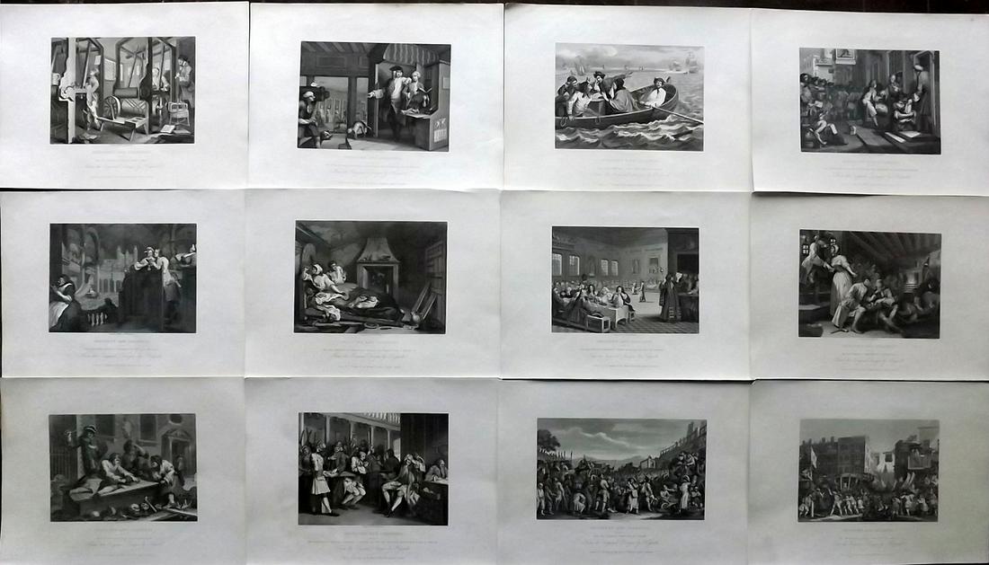Hogarth, William 1833 Set 12 Prints Industry & Idleness: Steel Engravings Published 1833, London for "The Works of William Hogarth…" by The Rev. John Trusler. Paper Size: 10.5 x 8 inch (27 x 20cm) Good Condition