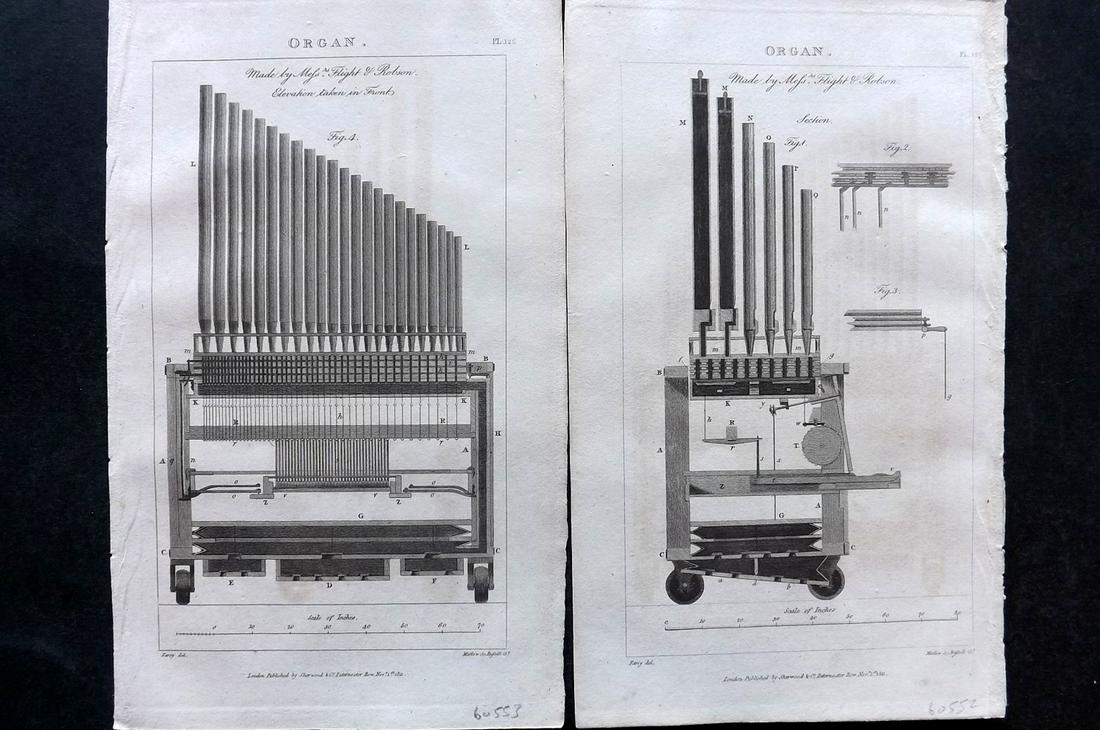 Pantologia 1813 Pair of Music Prints. Organs: Copper Plates Published 1806-13, London for ""Pantologia: A New Cyclopaedia, Comprehending a Complete Series of Essays"" by John Mason Good et al. Paper Size: 9.5 x 6 inch (24 x 15cm) Good Condition