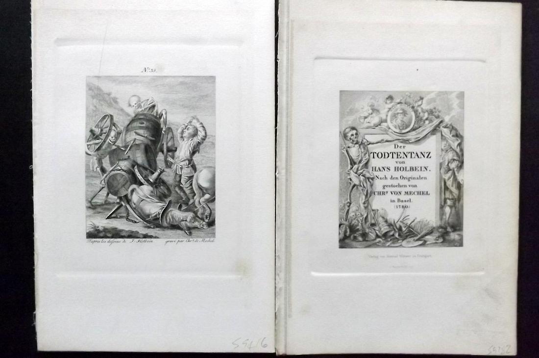 Holbein & Mechel C1870 Pair of Dance of Death Prints: Steel Engraving Published C1870, Stuttgart for "Der Todtentanz von Hans Holbein" Engraved by Christian von Mechel from the original designs by Hans Holbein. First Published in Basel, 1780. On heavy pa