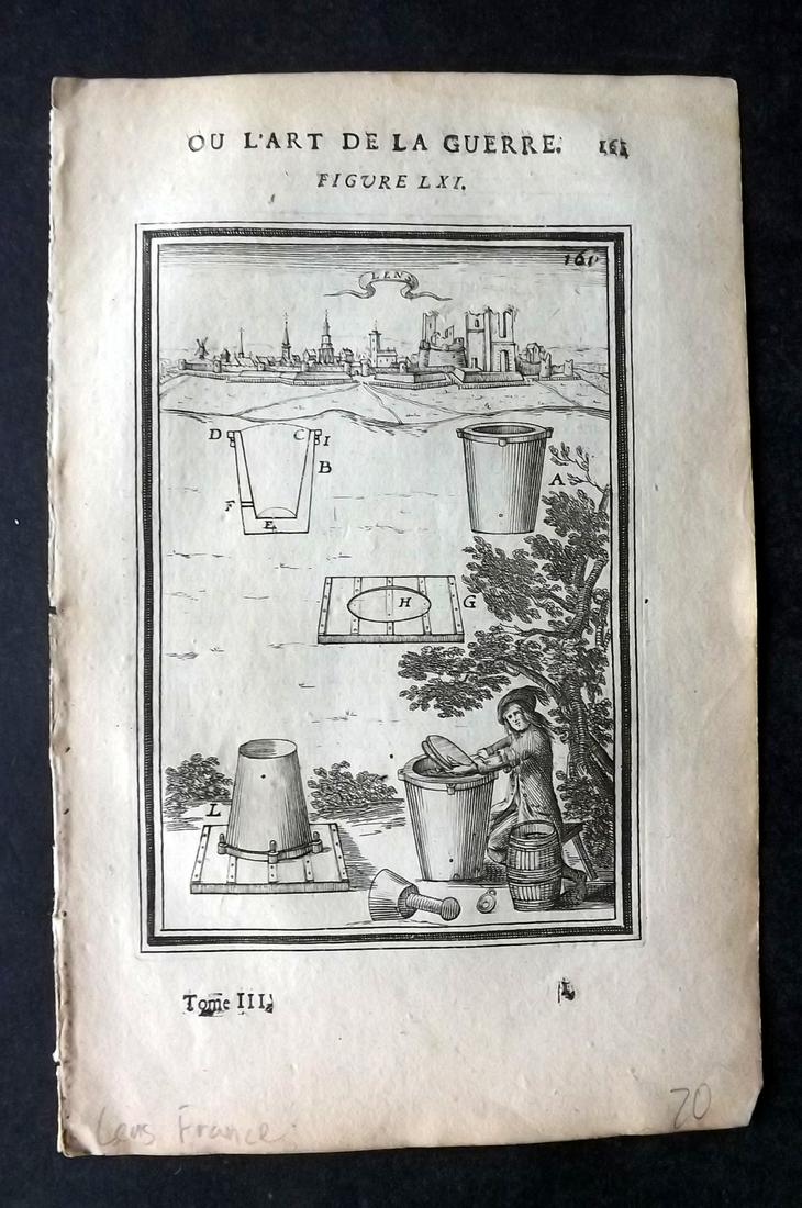 Mallet, Alain 1685 Print. Lens, France: Copper Plate Published 1684-85, Paris for "Les Travaux de Mars, Ou l'Art de la Guerre" First Edition by Alain Manesson Mallet. Unrelated French text to verso. Paper Size: 8 x 5.5 inch (21 x 14cm) Good