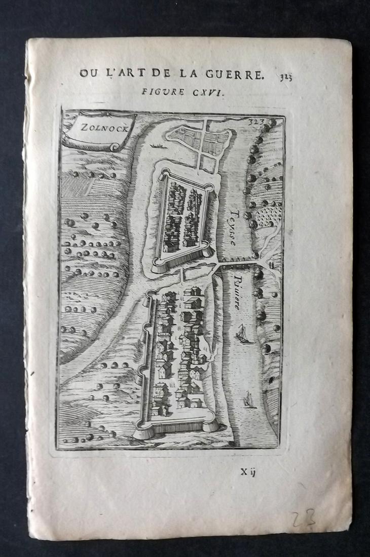 Mallet, Alain 1685 Print. Zolnock - Szolnok, Hungary: Copper Plate Published 1684-85, Paris for "Les Travaux de Mars, Ou l'Art de la Guerre" First Edition by Alain Manesson Mallet. Unrelated French text to verso. Paper Size: 8 x 5.5 inch (21 x 14cm) Good