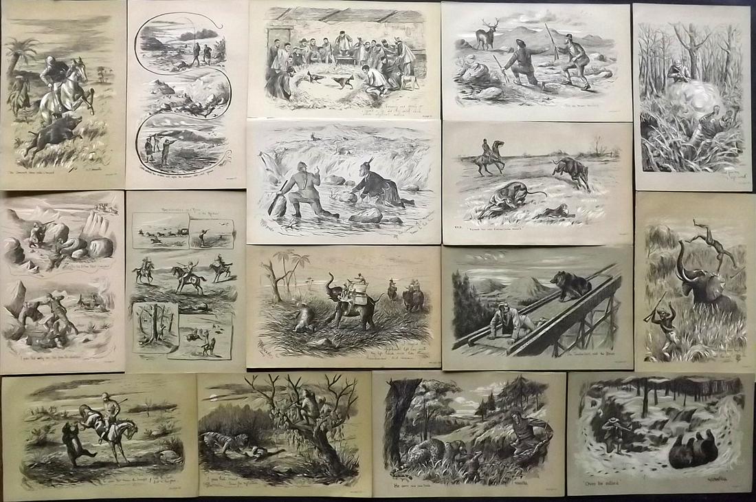 Fores C1890 Lot of 16 Antique Sporting/Hunting Prints: Lithographs Published 1884-1912, London for "Fores's Sporting Notes & Sketches" Illustrated by Finch Mason, R. M. Alexander, Cuthbert Bradley and others. Paper Size: 8.5 x 5.5 inch (22 x 14cm) Good Co