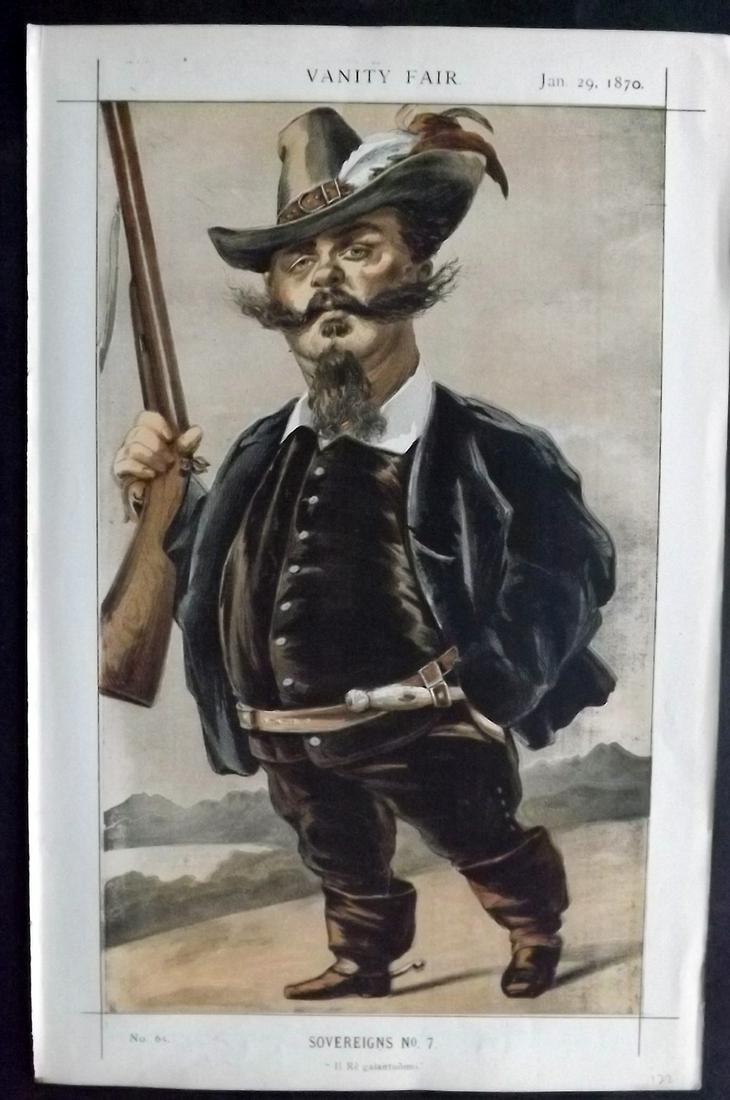 Vanity Fair Print 1870 Victor Emanual, Italy Royal: Chromolithograph Published 1869-1914, London for "Vanity Fair" Paper Size: 15 x 10 inch (38 x 25cm) Approx. Good Condition