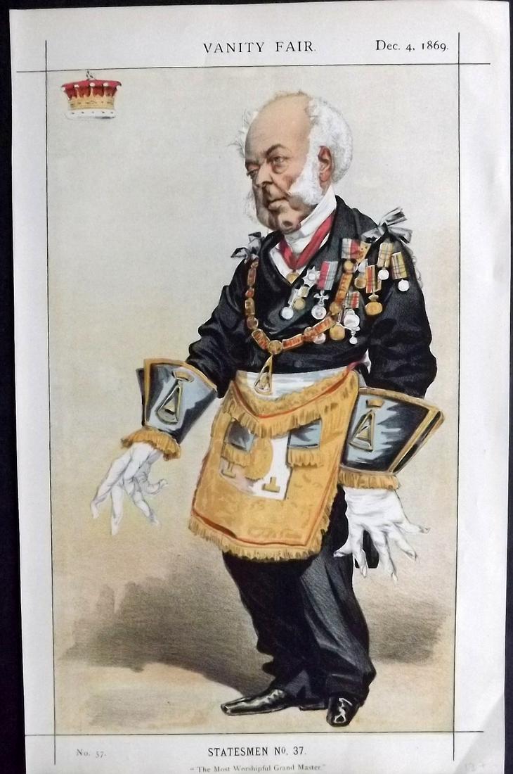Vanity Fair Print 1869 Earl of Zetland, Freemason: Chromolithograph Published 1869-1914, London for "Vanity Fair" Paper Size: 15 x 10 inch (38 x 25cm) Approx. Good Condition