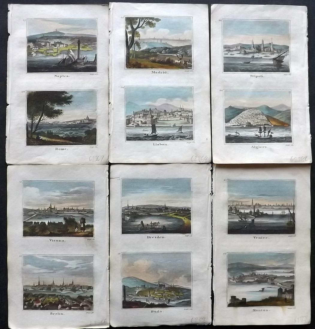 Harris (Pub) 1820 Lot of 6 Hand Col Europe etc Prints: Incl Dresden/Buda, Vienna/Berlin, Tripoli/Algiers, Madrid/Lisbon, Naples/Rome, Venice/Mantua. Hand Colored Copper Plates Published 1820 by J. Harris & Son., London for "The Traveller; Or, An Entertain