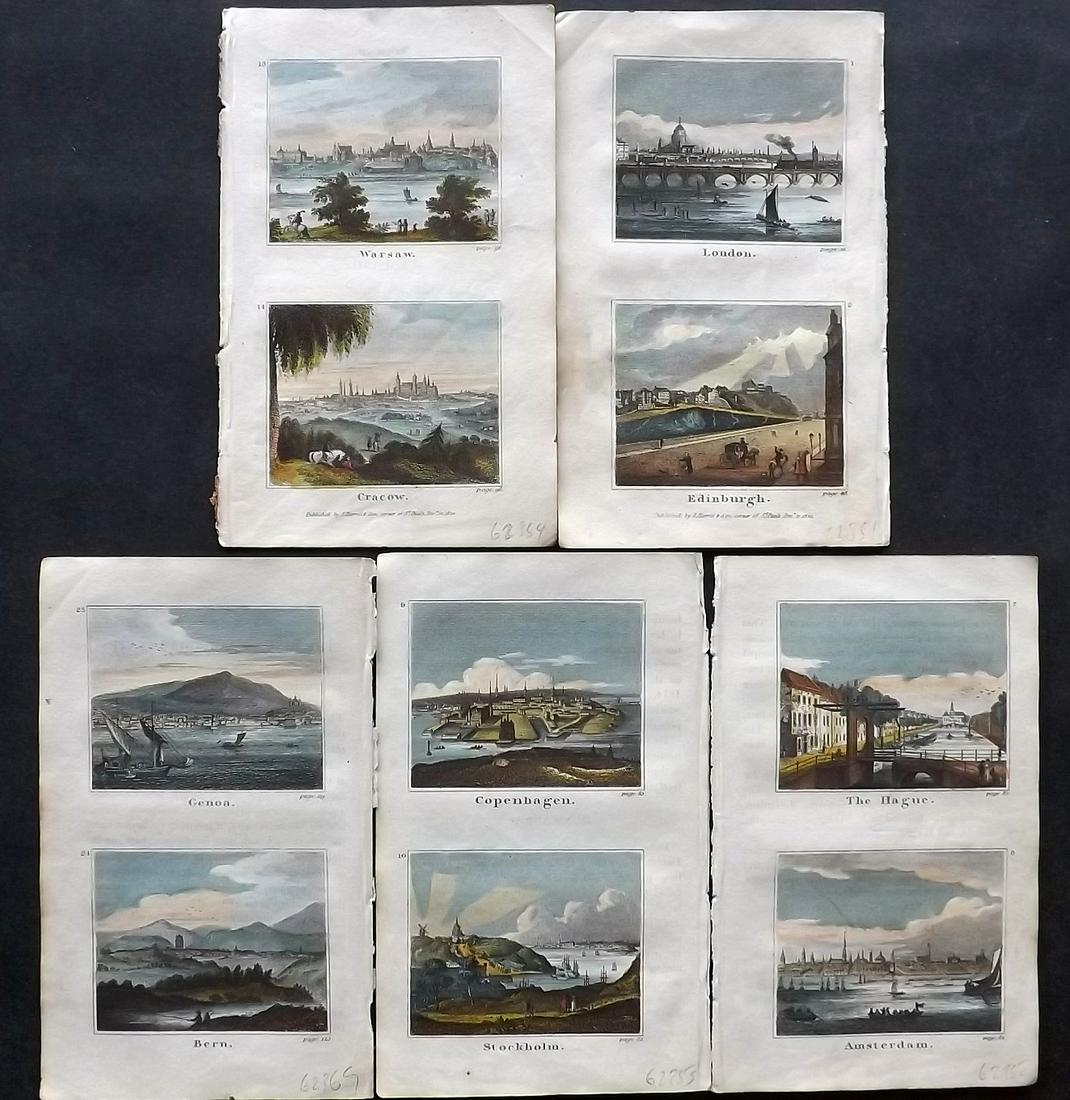 Harris (Pub) 1820 Lot of 5 Hand Col Europe Prints: Incl London/Edinburgh, The Hague/Amsterdam, Compenhagen/Stockholm, Genoa/Bern, and Wasaw/Cracow. Hand Colored Copper Plates Published 1820 by J. Harris & Son., London for "The Traveller; Or, An Entert