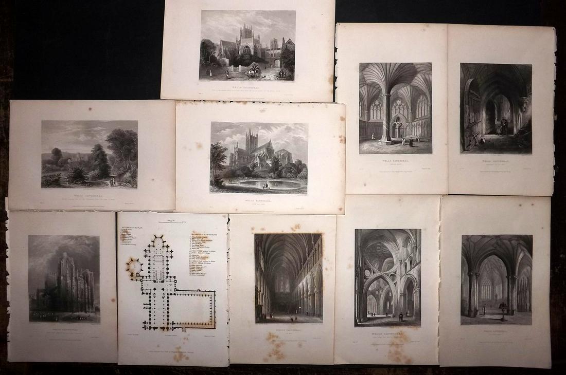 Winkles, Robert 1836 Set of 10 Prints. Wells Cathedral: Steel Engravings Published 1836-38, London for "Winkles's Architectural and Picturesque Illustrations of the Cathedral Churches of England and Wales" by Robert Garland Winkles. Paper Size: 10.5 x 7 in