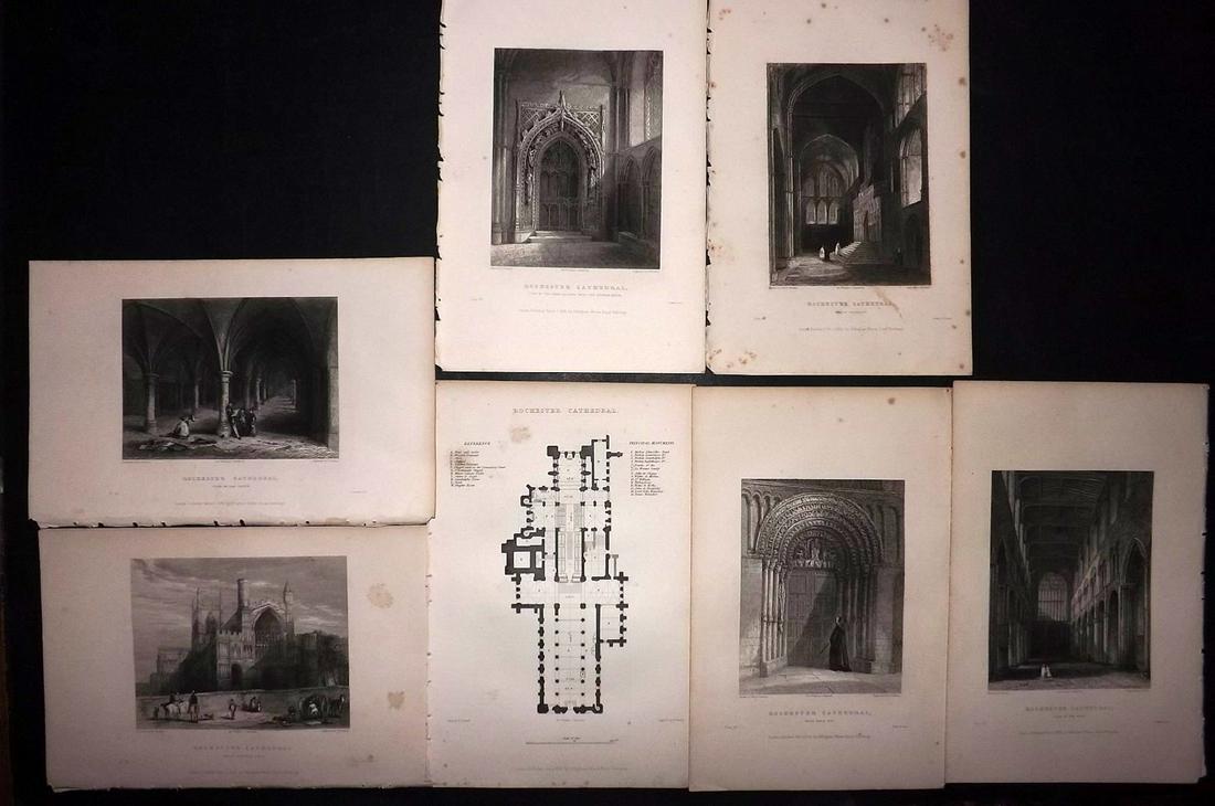 Winkles, Robert 1836 Set of 7 Prints. Rochester: Steel Engravings Published 1836-38, London for "Winkles's Architectural and Picturesque Illustrations of the Cathedral Churches of England and Wales" by Robert Garland Winkles. Paper Size: 10.5 x 7 in