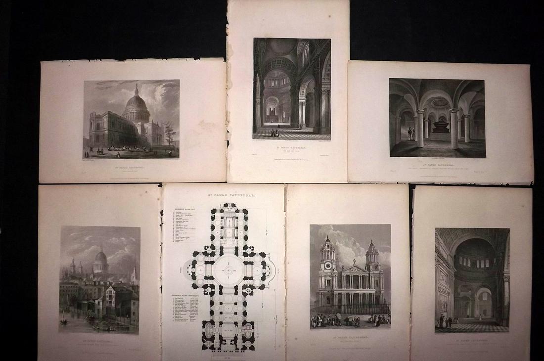 Winkles, Robert 1836 Set of 7 Prints. St. Pauls, London (1 of 2)