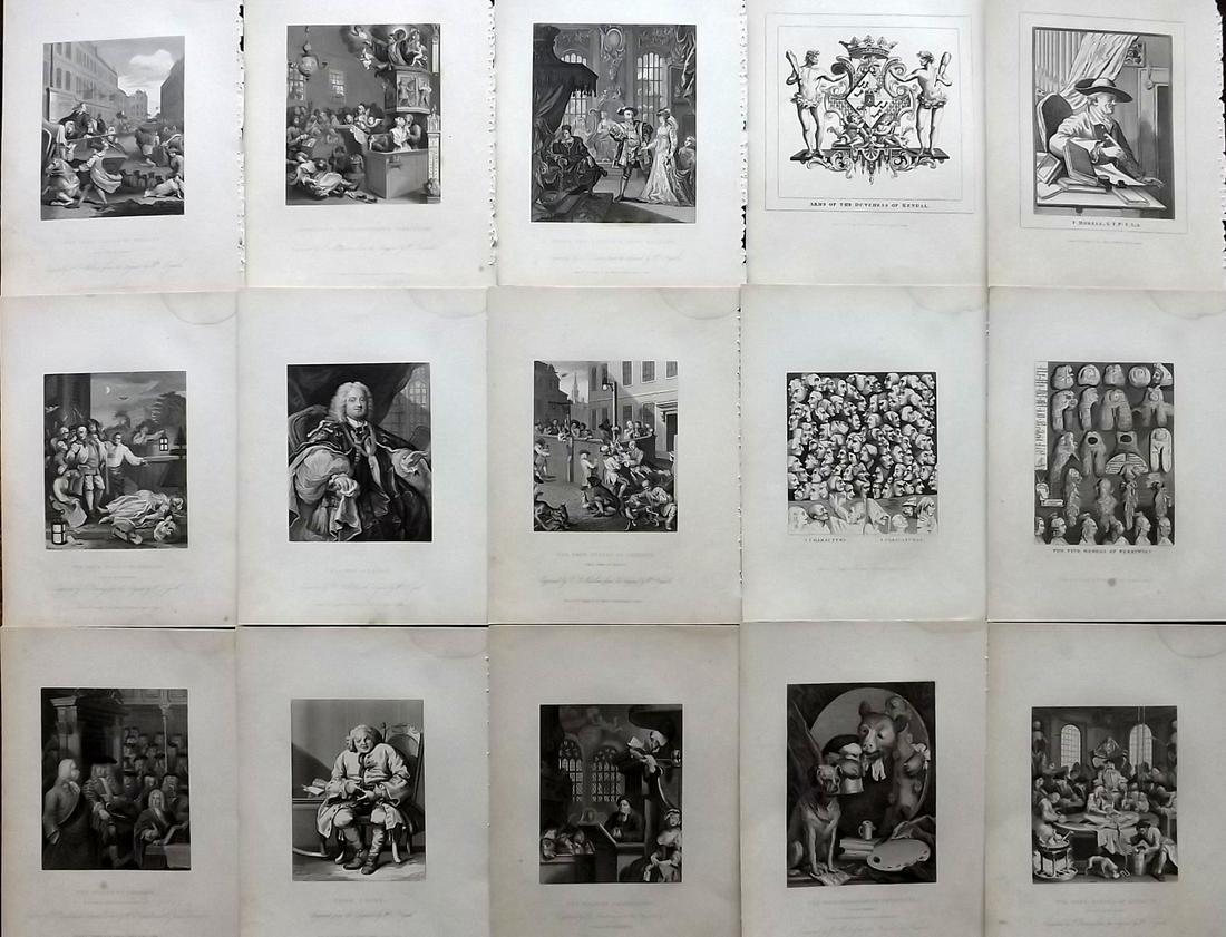 Hogarth, William 1833 Lot of 15 Prints: Steel Engravings Published 1833, London for "The Works of William Hogarth…" by The Rev. John Trusler. Paper Size: 10.5 x 8 inch (27 x 20cm) Minor toning and margin water staining in parts.