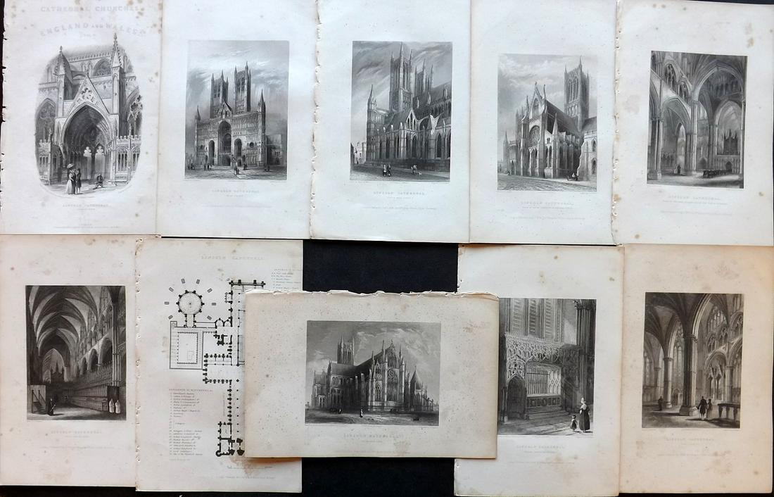Winkles, Robert 1836 Set of 10 Prints. Lincoln: Steel Engravings Published 1836-38, London for "Winkles's Architectural and Picturesque Illustrations of the Cathedral Churches of England and Wales" by Robert Garland Winkles. Paper Size: 10.5 x 7 in