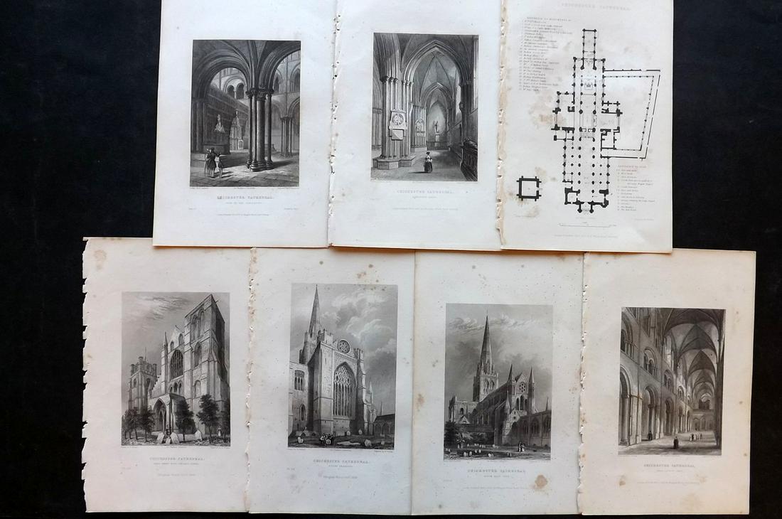Winkles, Robert 1836 Set of 7 Prints. Chichester: Steel Engravings Published 1836-38, London for "Winkles's Architectural and Picturesque Illustrations of the Cathedral Churches of England and Wales" by Robert Garland Winkles. Paper Size: 10.5 x 7 in