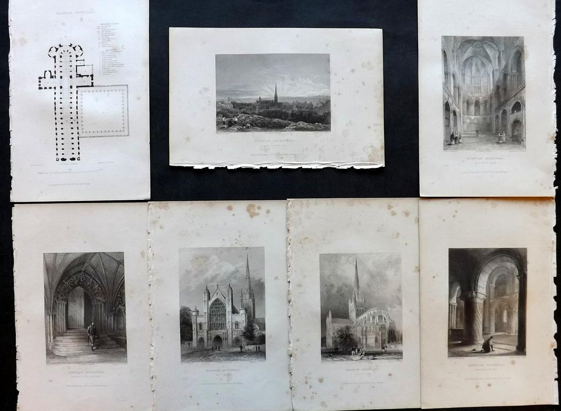 Winkles, Robert 1836 Set of 7 Prints. Norwich: Steel Engravings Published 1836-38, London for "Winkles's Architectural and Picturesque Illustrations of the Cathedral Churches of England and Wales" by Robert Garland Winkles. Paper Size: 10.5 x 7 in