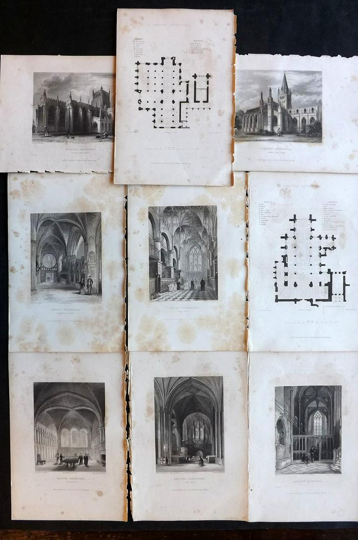 Winkles, Robert 1836 Set of 9 Prints. Bristol: Steel Engravings Published 1836-38, London for "Winkles's Architectural and Picturesque Illustrations of the Cathedral Churches of England and Wales" by Robert Garland Winkles. Paper Size: 10.5 x 7 in