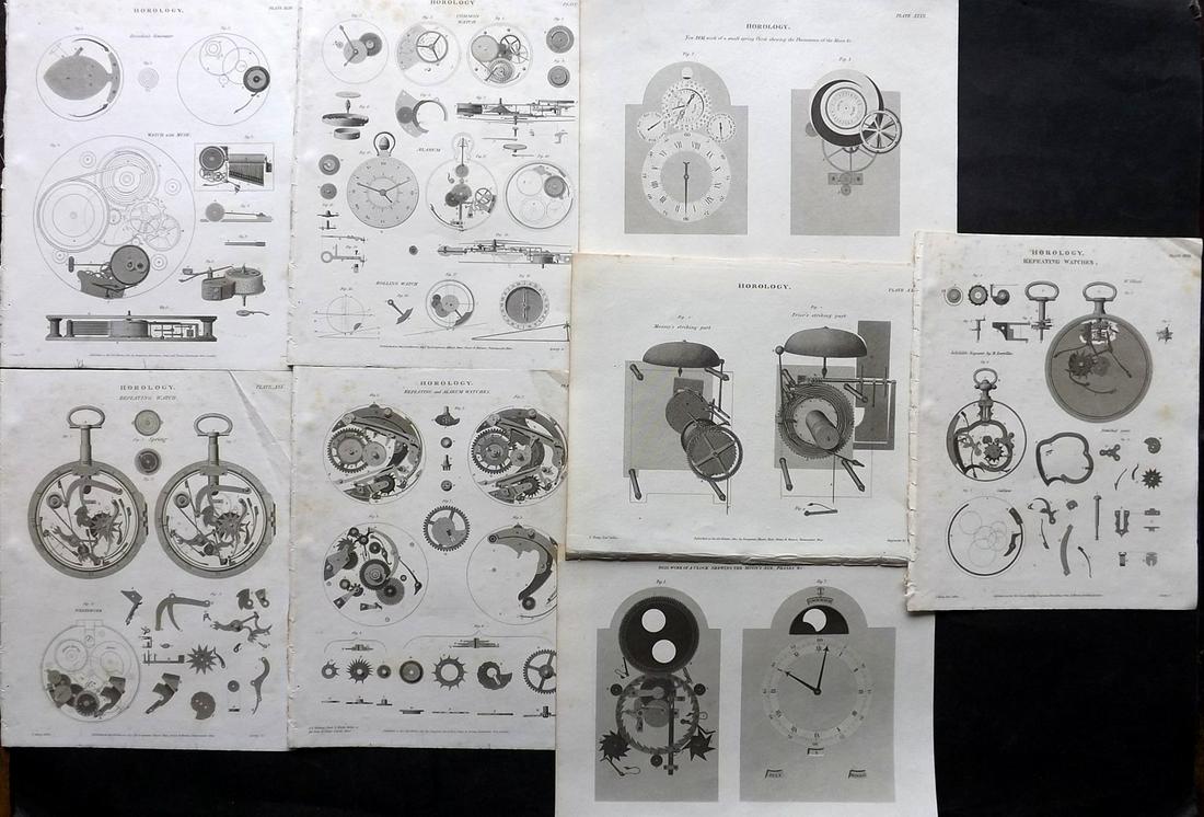 Rees, Abraham 1820 Lot of 8 Prints. Horology - Clocks: Copper Plates Published 1802-20 by Longman, Hurst, Rees & Orme for "The Cycloaedia: or, Universal dictionary of arts, sciences, and literature" By Abraham Rees. Paper Size: 10.5 x 8.5 inch (27 x 22cm)