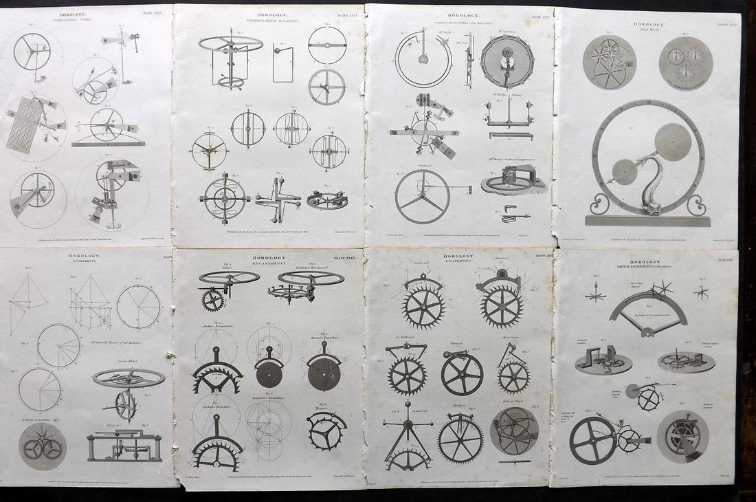 Rees, Abraham 1820 Lot of 8 Prints. Horology - Clocks: Copper Plates Published 1802-20 by Longman, Hurst, Rees & Orme for "The Cycloaedia: or, Universal dictionary of arts, sciences, and literature" By Abraham Rees. Paper Size: 10.5 x 8.5 inch (27 x 22cm)