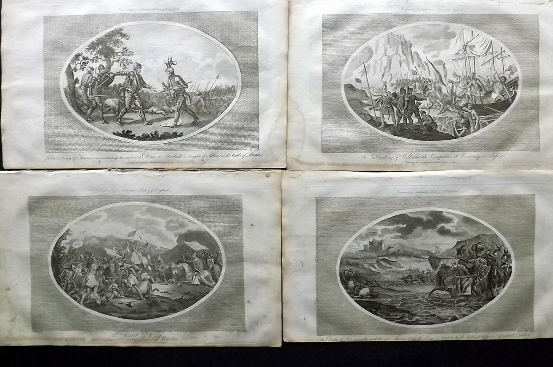 Ashburton, Charles 1799 Lot of 4 Folio Military Prints: Incl William the Conqueror at Pevensey, John King of France surrendering, Duke of Burgundy and his forces, and the Battle of Crecy. Folio Copper Plates Published 1799, London for "A New and Complete H