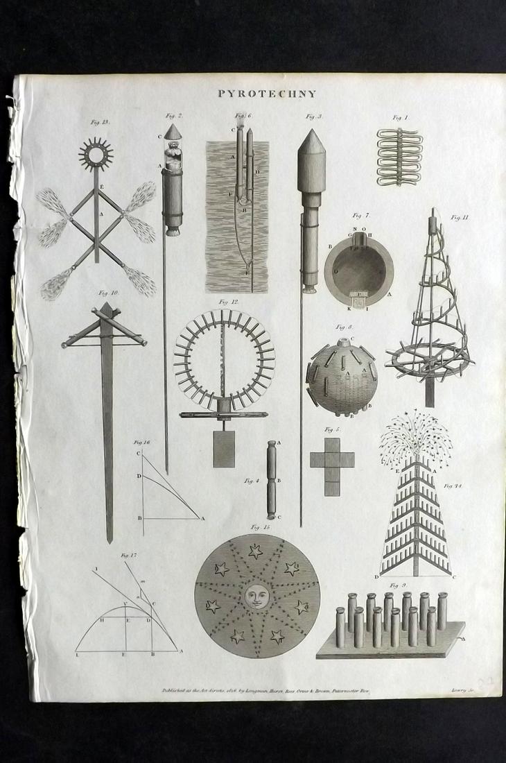 Rees, Abraham 1820 Antique Print. Pyrotechny Fireworks: Copper Plate Published 1802-20 by Longman, Hurst, Rees & Orme for "The Cycloaedia: or, Universal dictionary of arts, sciences, and literature" By Abraham Rees. Paper Size: 10.5 x 8.5 inch (27 x 22cm) 