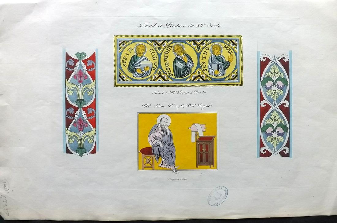 Willemin Monuments Francais 1839 Folio HCol Print: Folio Etching 1839, Paris "Monuments Francais..." by Nicholas Xavier Willemin. Very fine hand colour as issued. Paper Size: 17.5 x 11 inch (45 x 28cm) Approx. Ink library stamp in margin. Good Conditi