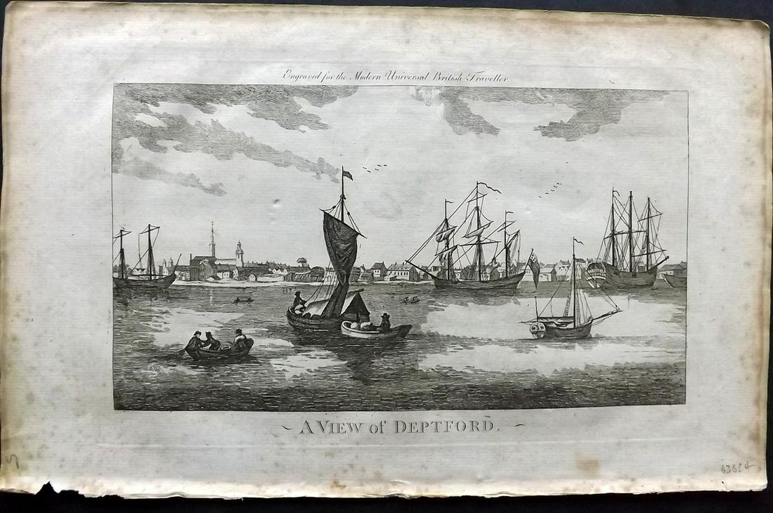 Burlington 1779 Folio British View. Deptford, London: Folio Copper Plate Published 1779 by J. Cooke, London for "The Modern Universal British Traveller or, a New, Complete, and Accurate tour Through England, Wales, Scotland, and the Neighbouring Islands"