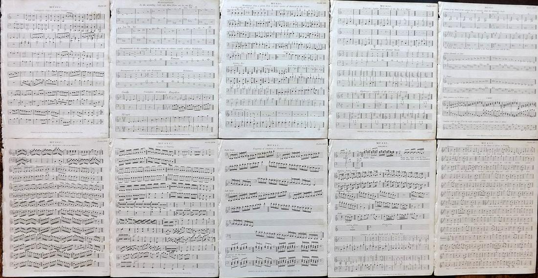 Rees, Abraham 1820 Lot of 10 Sheet Music Prints: Copper Plates Published 1802-20 by Longman, Hurst, Rees & Orme for "The Cycloaedia: or, Universal dictionary of arts, sciences, and literature" By Abraham Rees. Paper Size: 10.5 x 8.5 inch (27 x 22cm)