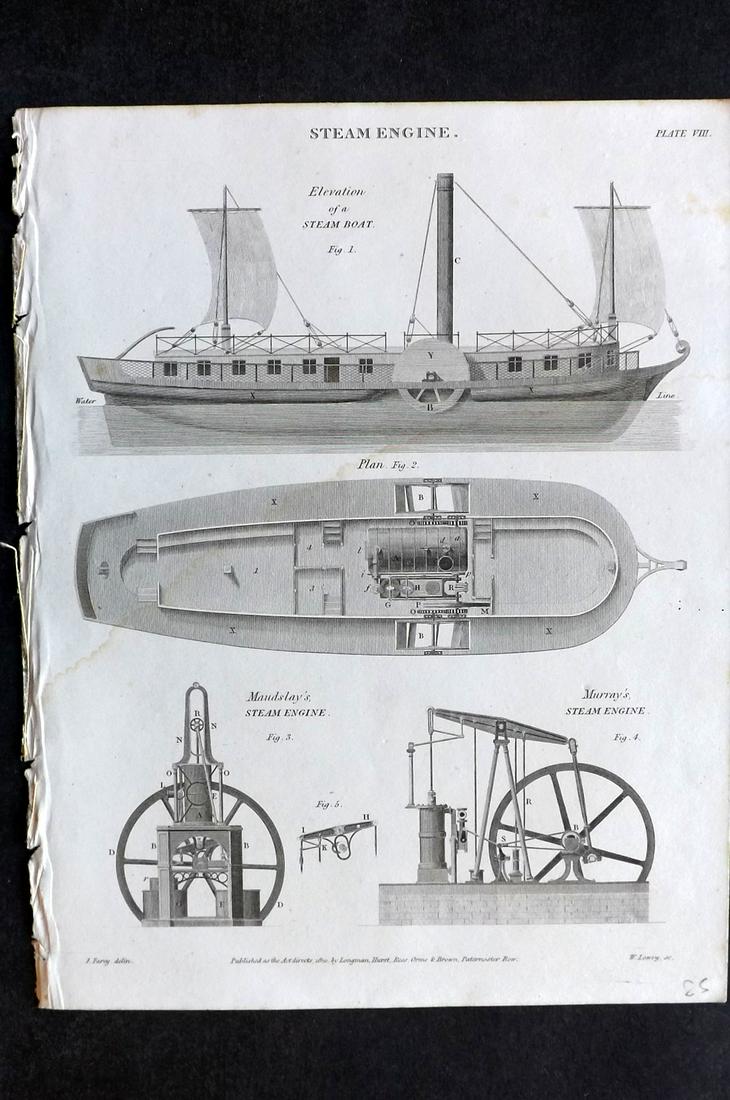 Rees, Abraham 1820 Print. Steam Engine Ship (1 of 2)