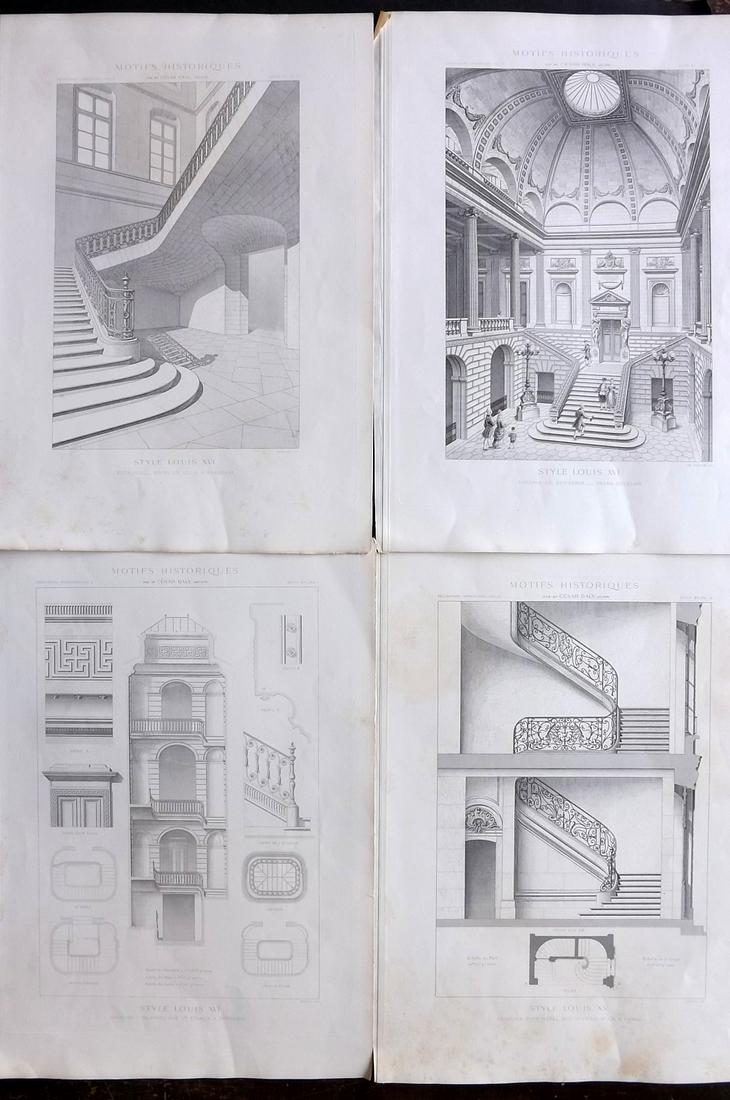 Daly, Cesar 1881 Lot of 4 LG Folio Architecture Prints: Large Folio Steel Engraving Published 1880-81, Paris for "Motifs Historiques d'Architecture et de Sculpture d’Ornement. Decorations Exterieures Empuntees a des Monuments Francais" by Cesar Denis Dal