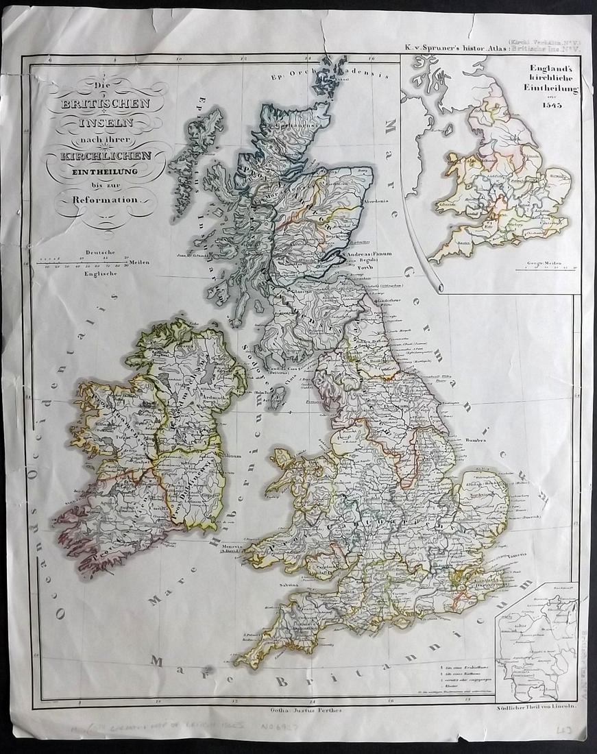 Spruner, Karl C1854 Antique Map of the British Isles: "Die Britischen Inseln nach ihrer kirchlichen Eintheilung bis zur Reformation" Large Steel Engraved Map with outline hand color Published C1854, Gotha, Germany for "Historisch-geographischer Hand-Atla
