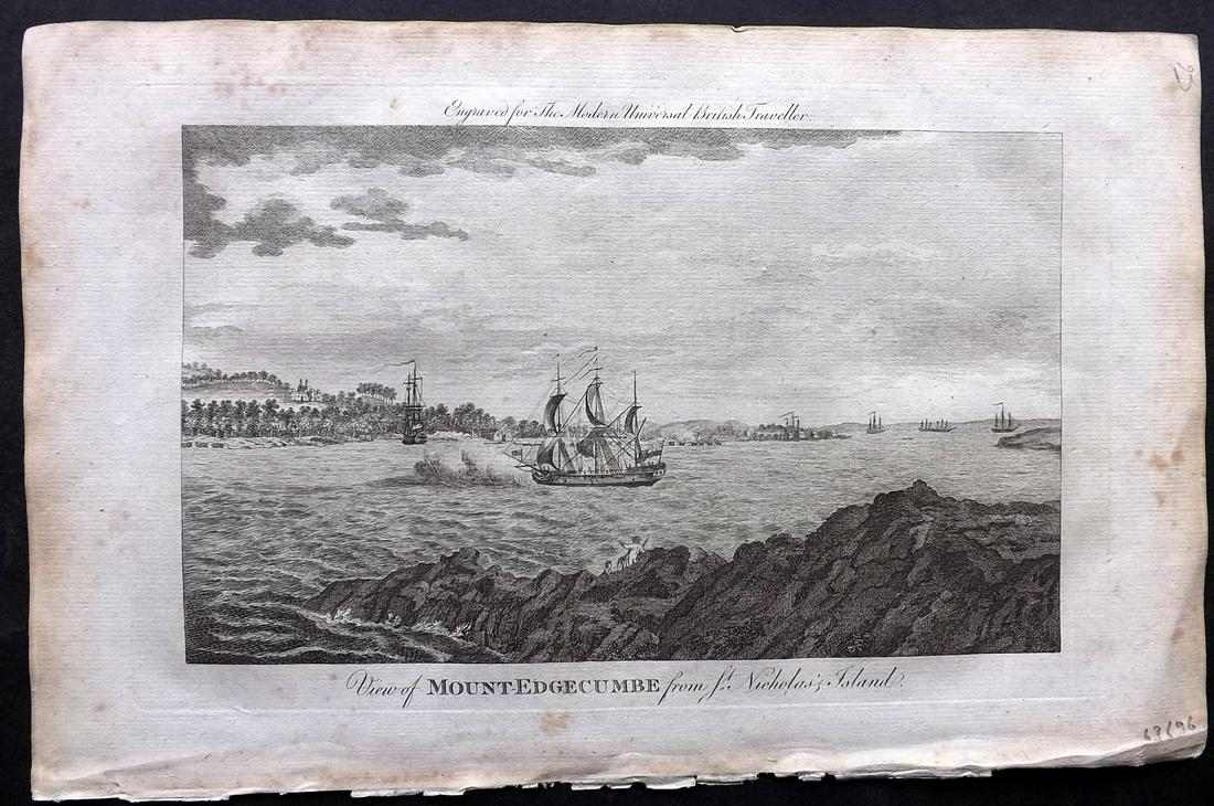 Burlington 1779 British View. Mount Edgecumbe, Ships: Folio Copper Plate Published 1779 by J. Cooke, London for "The Modern Universal British Traveller or, a New, Complete, and Accurate tour Through England, Wales, Scotland, and the Neighbouring Islands"