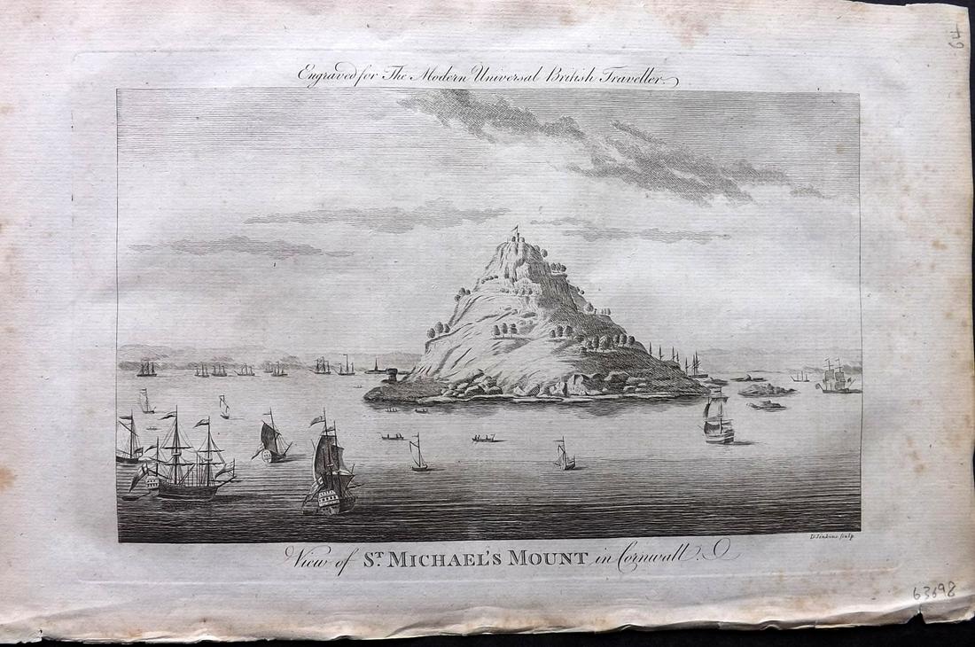 Burlington 1779 St. Michaels Mount, Cornwall Ships: Folio Copper Plate Published 1779 by J. Cooke, London for "The Modern Universal British Traveller or, a New, Complete, and Accurate tour Through England, Wales, Scotland, and the Neighbouring Islands"